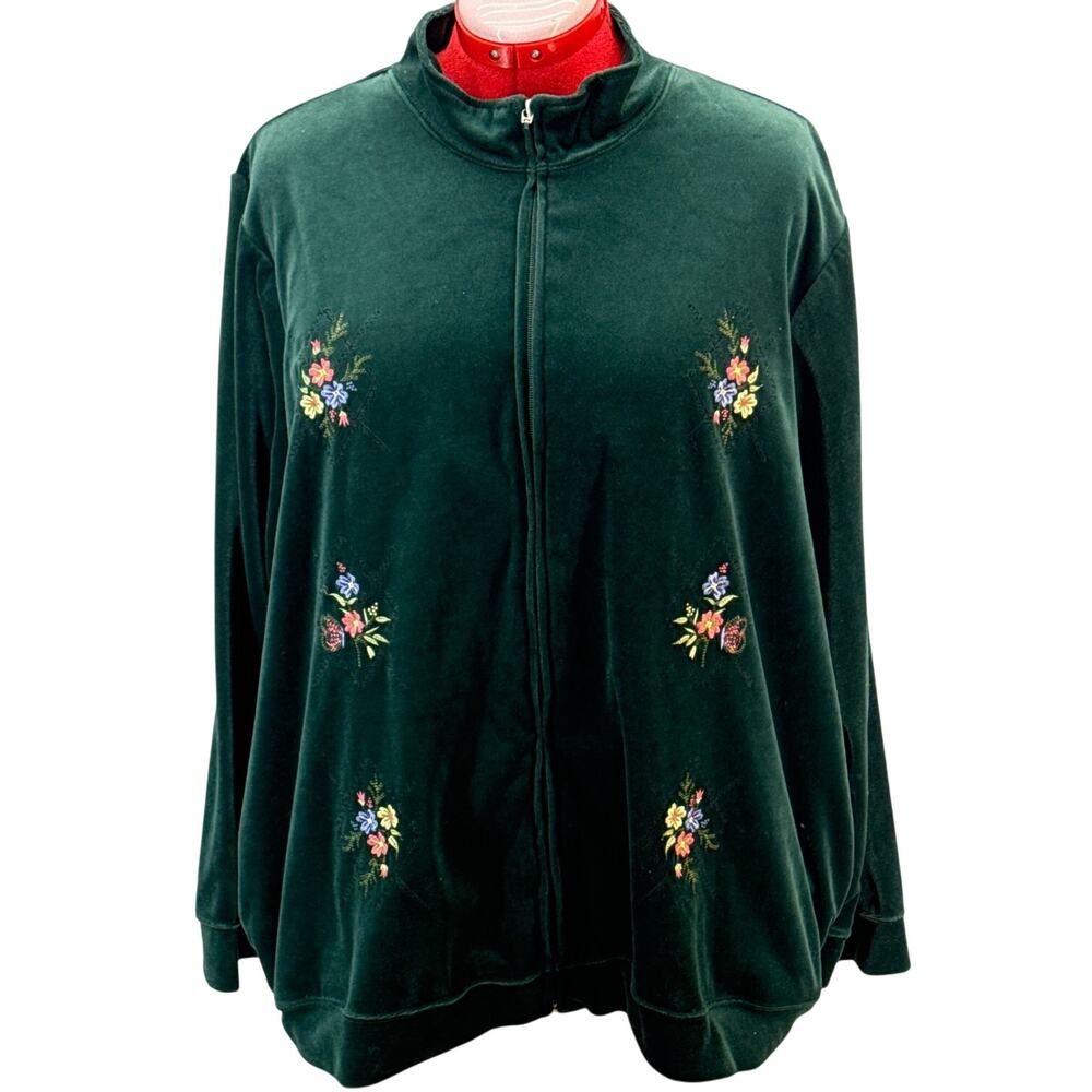 Blair Vintage Green Velour Floral Embroidered Zip Up Cardigan Jacket Women 2XL